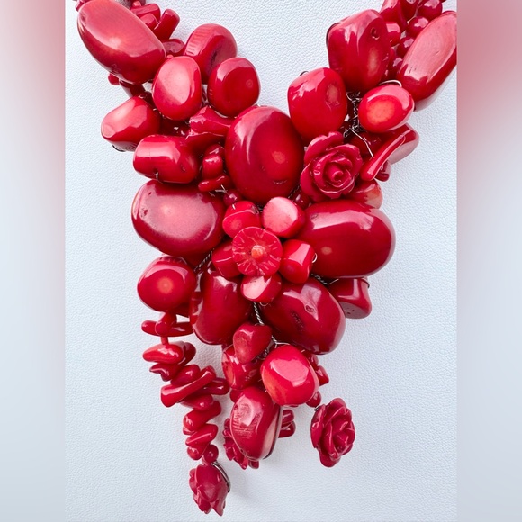 Carved Red Coral Flower Garland Collar 3-Strand Necklace - Picture 10 of 11